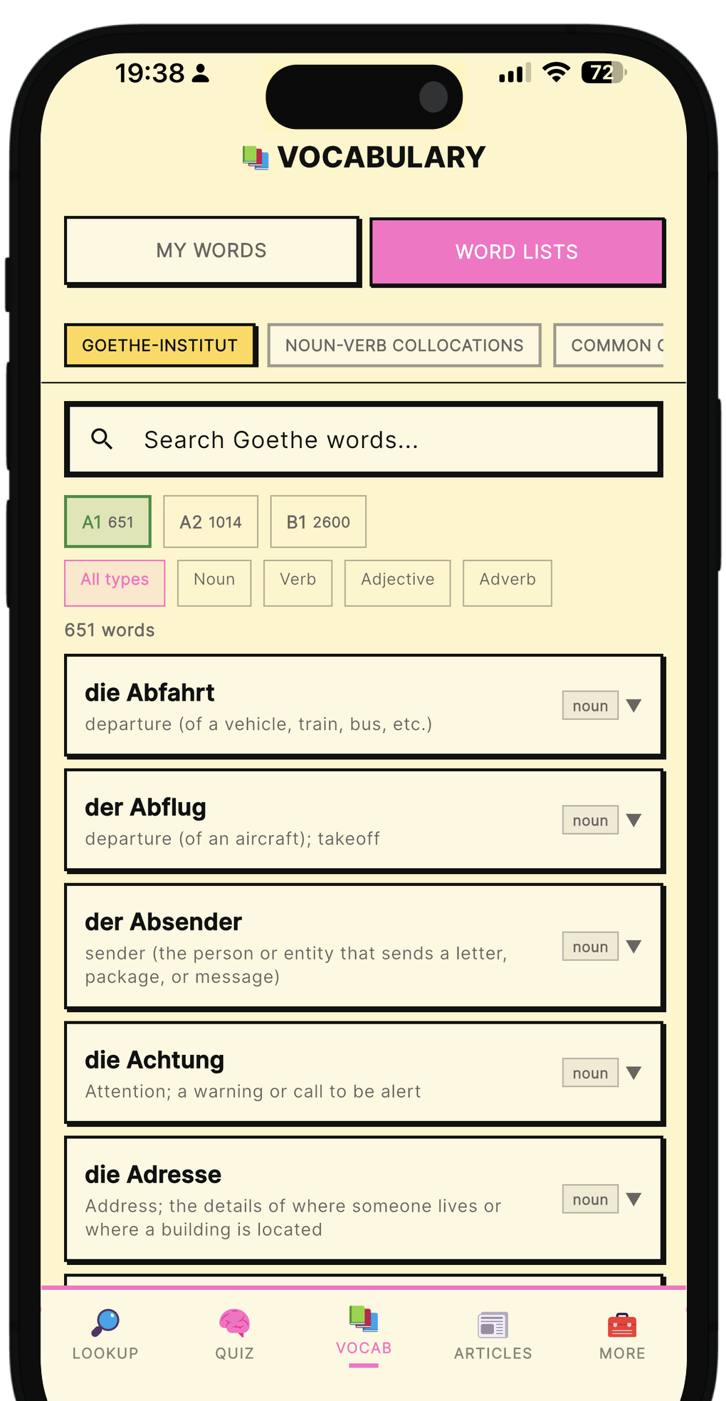Curated word lists — Prägen app screenshot
